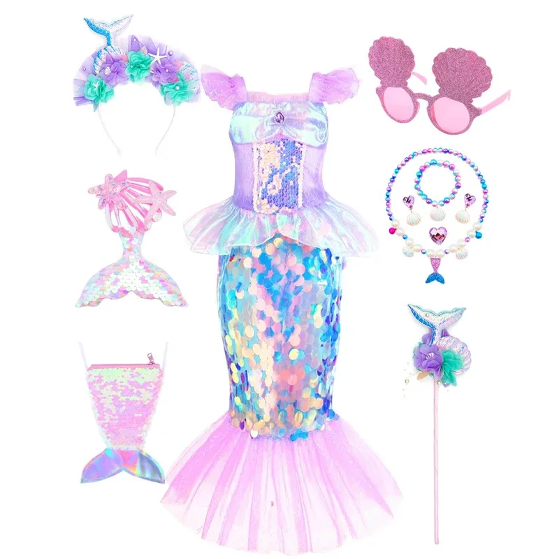 

Костюм русалки, платье для девочек, с короткими рукавами и блестками, карнавальный костюм принцессы, детская карнавальная одежда для дня рождения