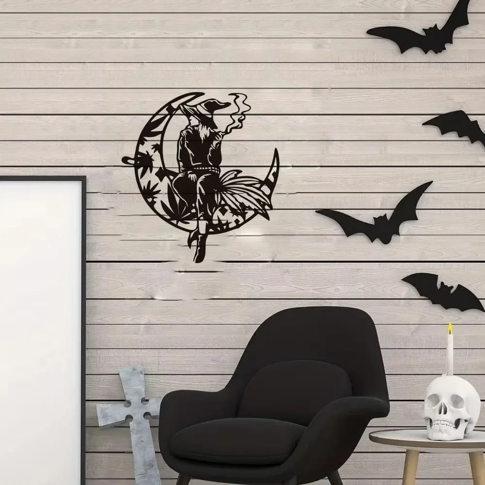 

1pc Captivating Black Halloween Moon Metal Wall Art: Fascinating Witchy Weeds Decoration for Home, Living Room, and Kitchen