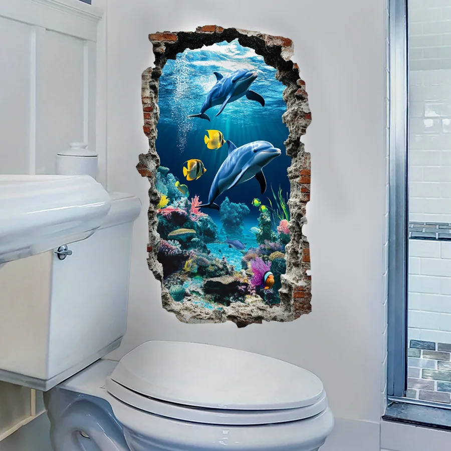 3D Wall Decal Ocean World Self-Adhesive Sticker Semi-Matte PVC Easy Peel Stick Irregular Shape Home Decor Ocean Theme Decor