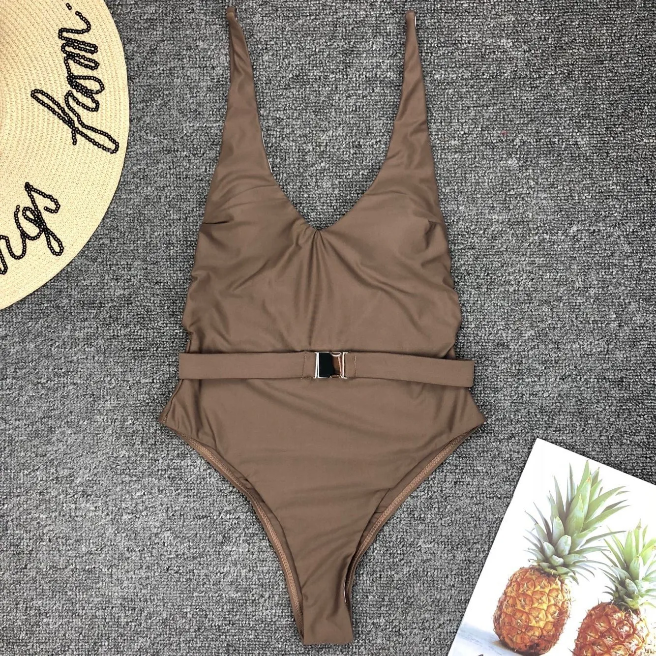 Tummy Control Spoon Neckline Solid One Piece Swimsuit 2022 Women Summer belt Swimwear New Sexy Bodysuit