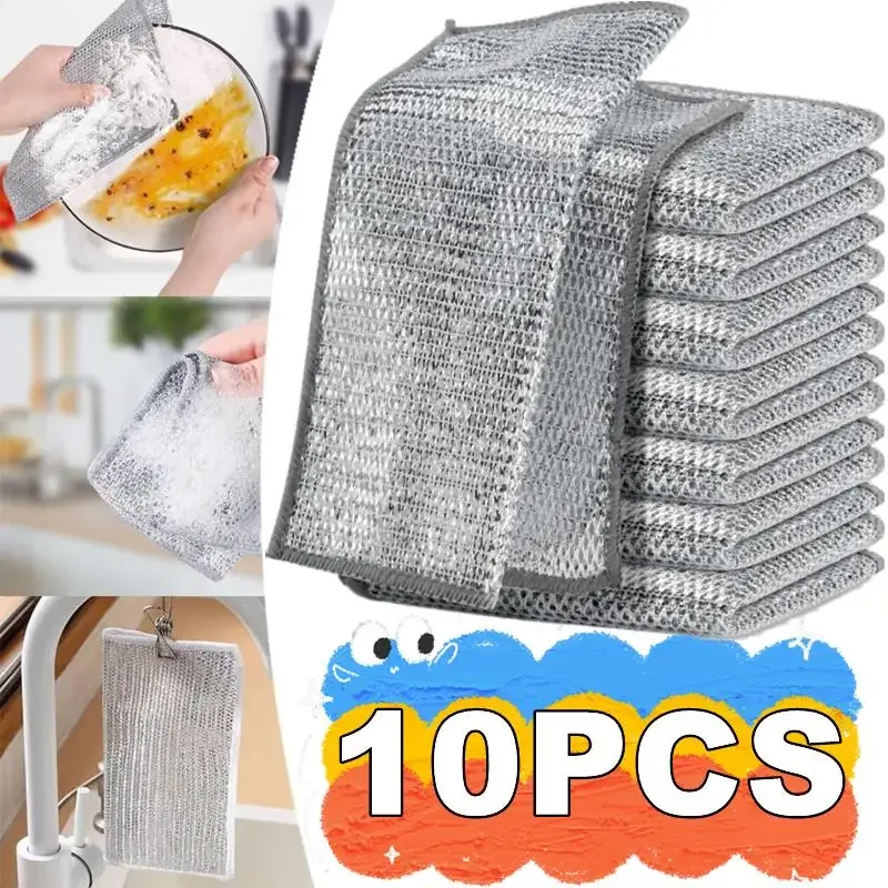 

5pc/10pc Magic Cleaning Cloth Thickened Double -sided Metal Steel Wire Rags Kitchen Dish Pot Washdishing Clean Tools