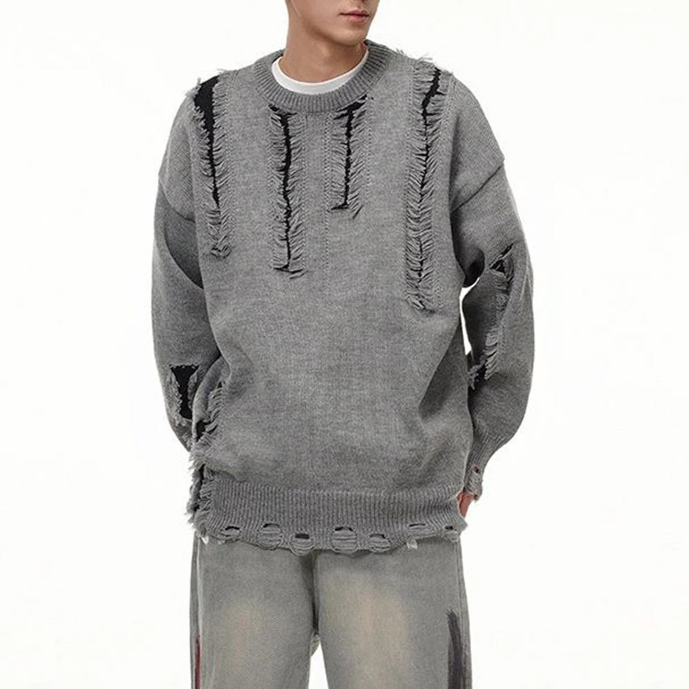 Winter New Men's Ripped Patchwork Long-Sleeve Sweater American Retro Fashion Trendy High Street Loose Casual Niche Men's Top