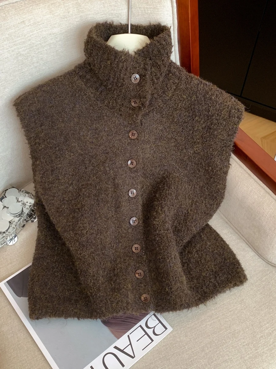 

Корейский многослойный вязаный жилет с воротником-стойкой на одной пуговице, женский, осенне-зимний, новый, мягкий, универсальный, стильный топ