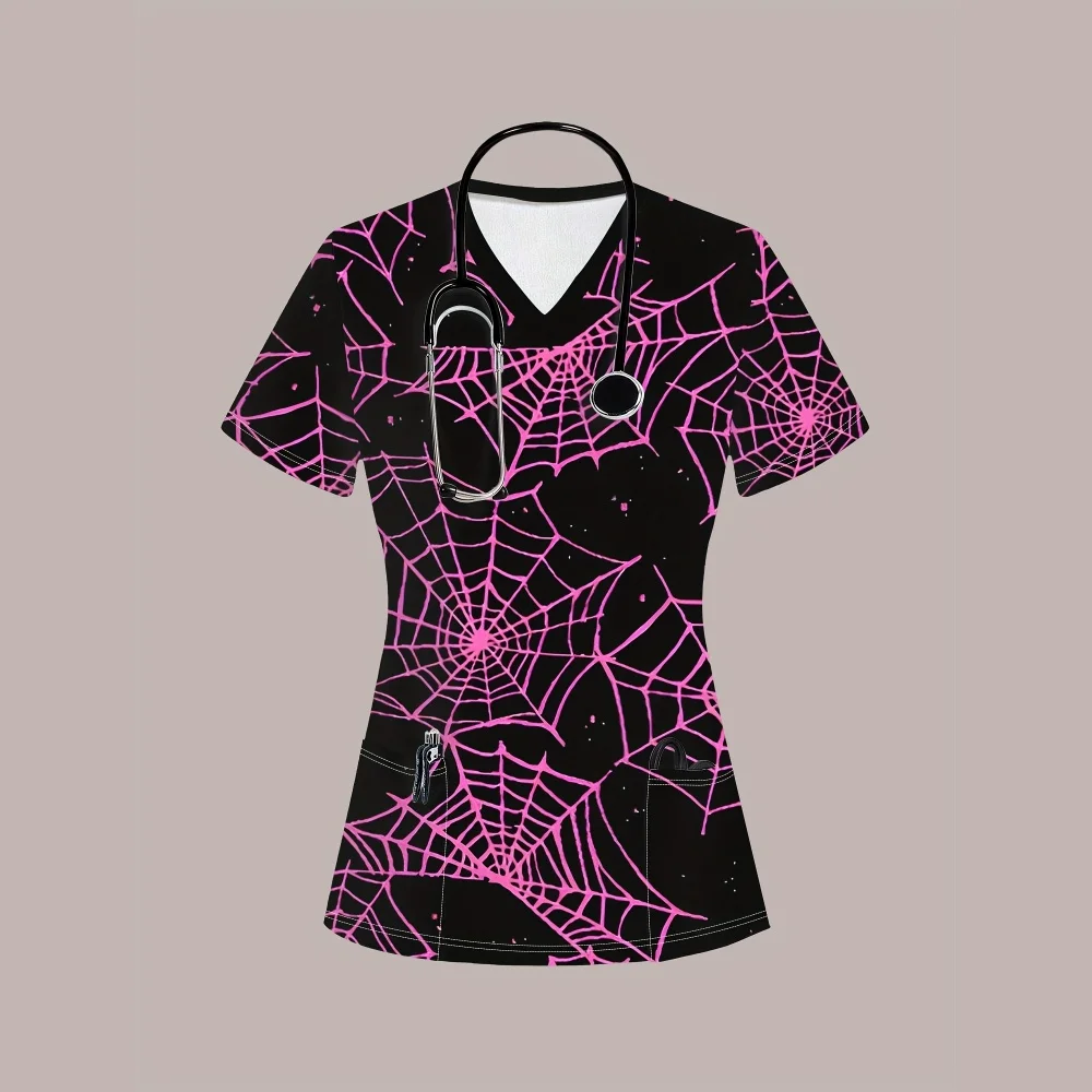 スクラブ制服女性ハロウィンシリーズ獣医医療スクラブトップスカジュアル半袖ポケット付き臨床制服女性