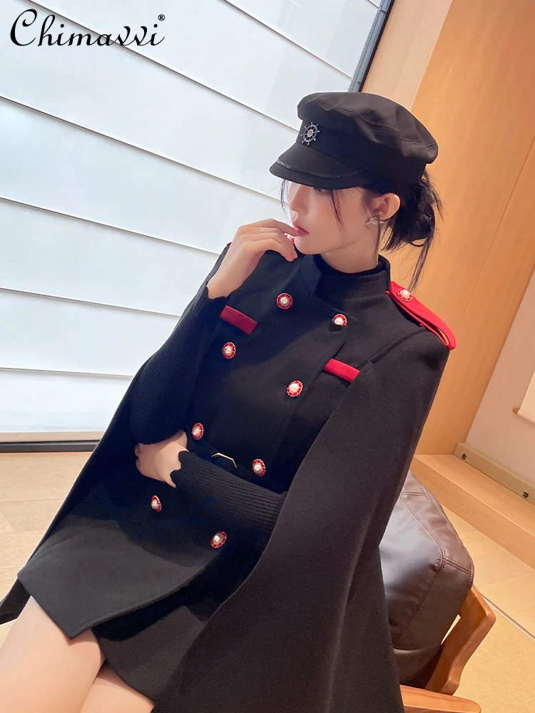 

Black Cloak Woolen Coat Women's 2024 Autumn Winter New High-End British Style Heavy Loose Elegant Mid-Length Woolen Coats