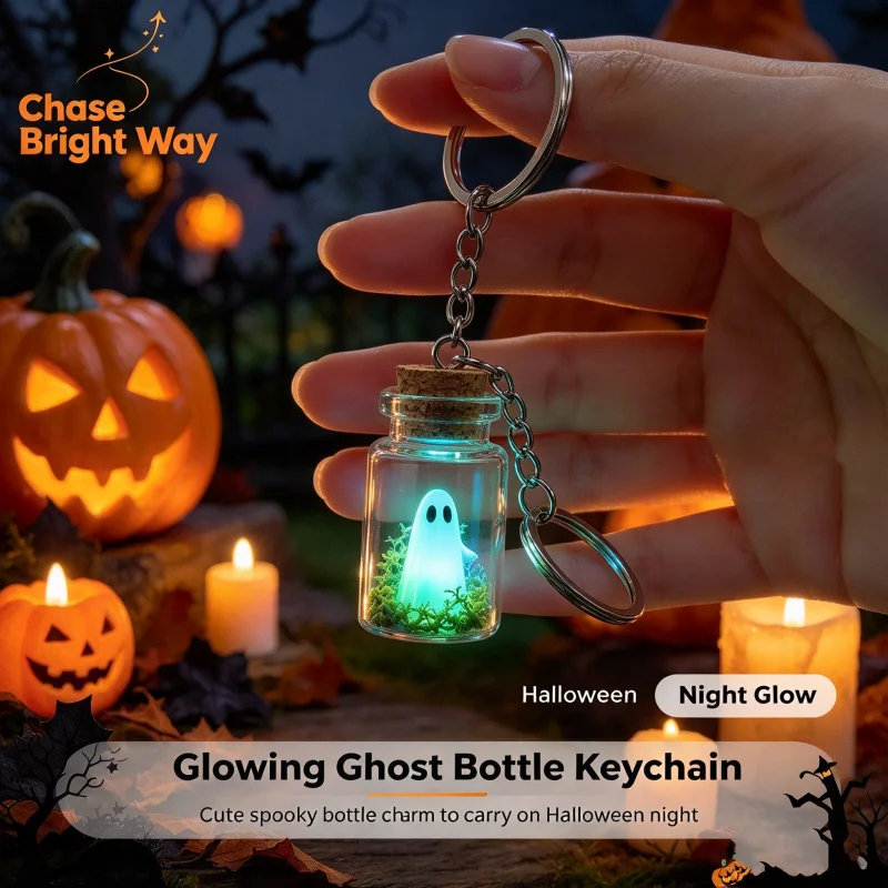 1pcs Creative Halloween Luminous Ghost Keychain Mini Glow Drifting Bottle Adopt Ghost Keyring  Festive Gift