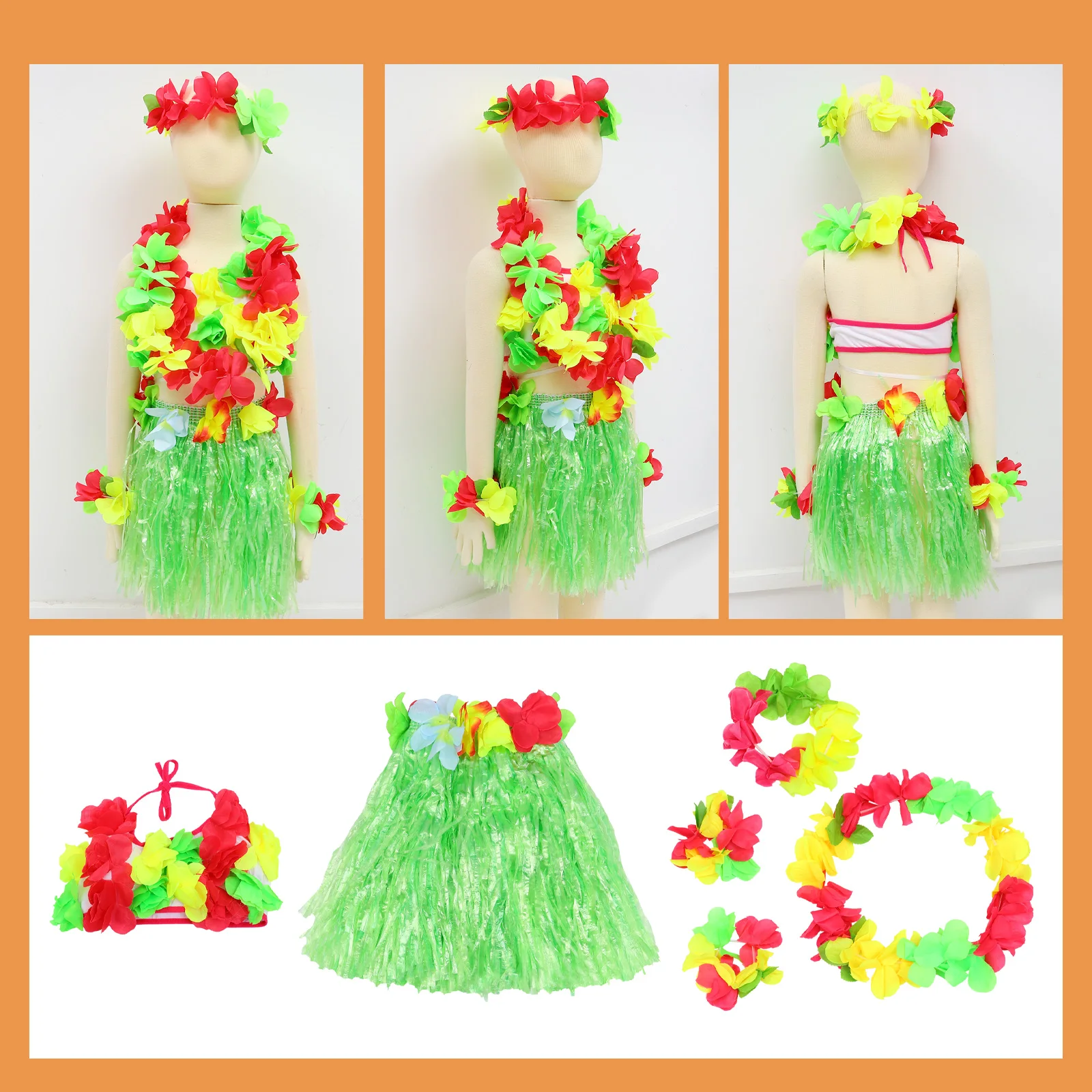 

6 pcs Children 40CM Hawaii Dance Costume Green Cosplay Accessories Set Bright Decorations Straw Skirt