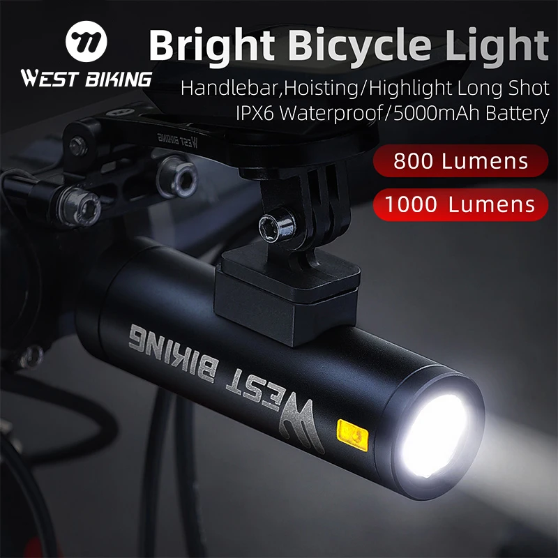 WEST BIKING Bicycle Front Light 1000LM Bike Light Type-C Rechargeable LED 5000mAh Bicycle Headlight Waterproof Cycling Lamp