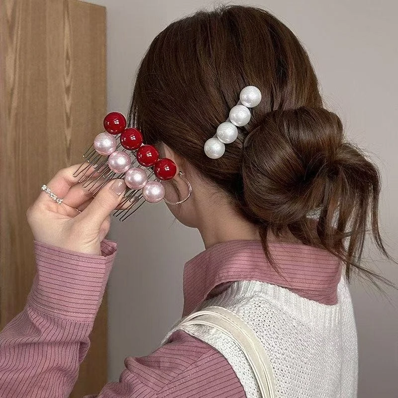 French Retro Pearl Hair Comb Clip Elegant Round Beads Insert Comb Bangs Broken Hair Sorting Artifact Coiled Hair Styling Tools