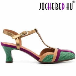 【JOCHEBED hu】 letnie pantofle sandały francuski styl damskie oryginalne skórzane buty damskie Retro pasek z klamrą Vintage pompy na 33-46