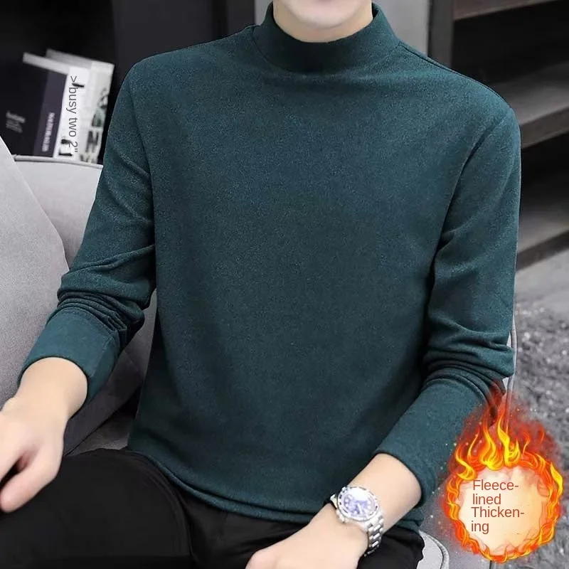 

Double sided German velvet winter base shirt men's long sleeved T-shirt new mid neck style spring and autumn half high neck warm