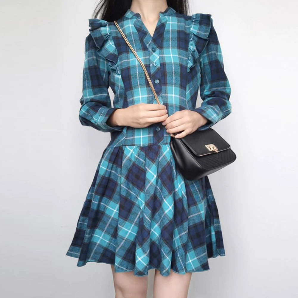 Autumn and winter cotton flannel plaid slim fit big swing long sleeve short dress inner skirt top blue plaid skirt