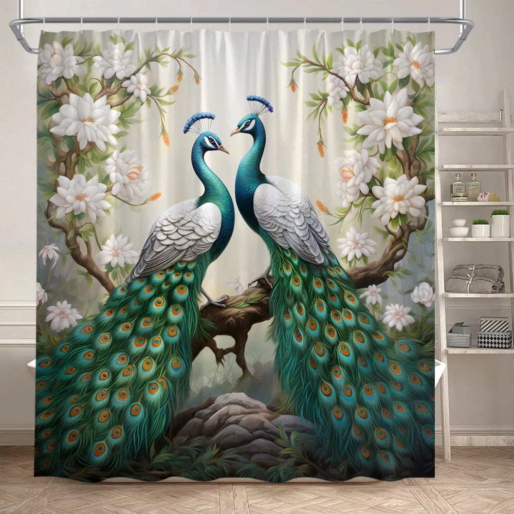 Blue Peacocks Shower Curtains Forest Trees Plants Flowers Waterfall Scenery Polyester Fabric Bathroom Curtain Decor with Hooks