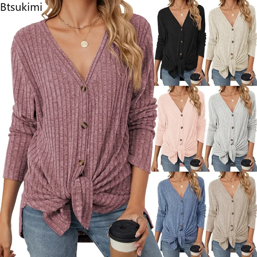 

2025 Women's Autumn Long Sleeve Knitted T-shirt Fashion Stripe Solid Loose Casual Button Up Cardigan Top Thin Sweater Coat Femme