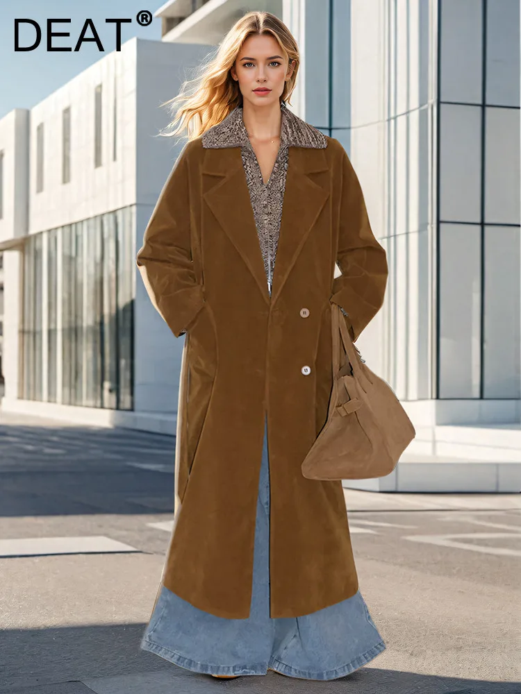 DEAT Fashion Women's Long Blazer Notched Collar Sashes Single Breasted Loose Retro Suede Suit Jackets Autumn 2024 New 7AB5410