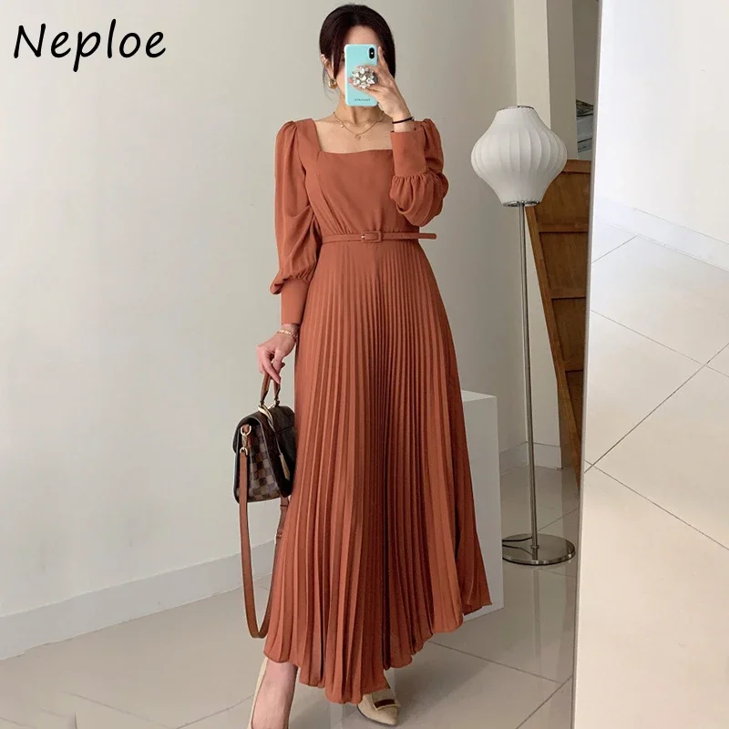 Neploe Square Collar Clavicle Exposed Sexy Dress Women High Waist Hip Draped A Line Long Vestidos Lantern Long Sleeve Slim Robe