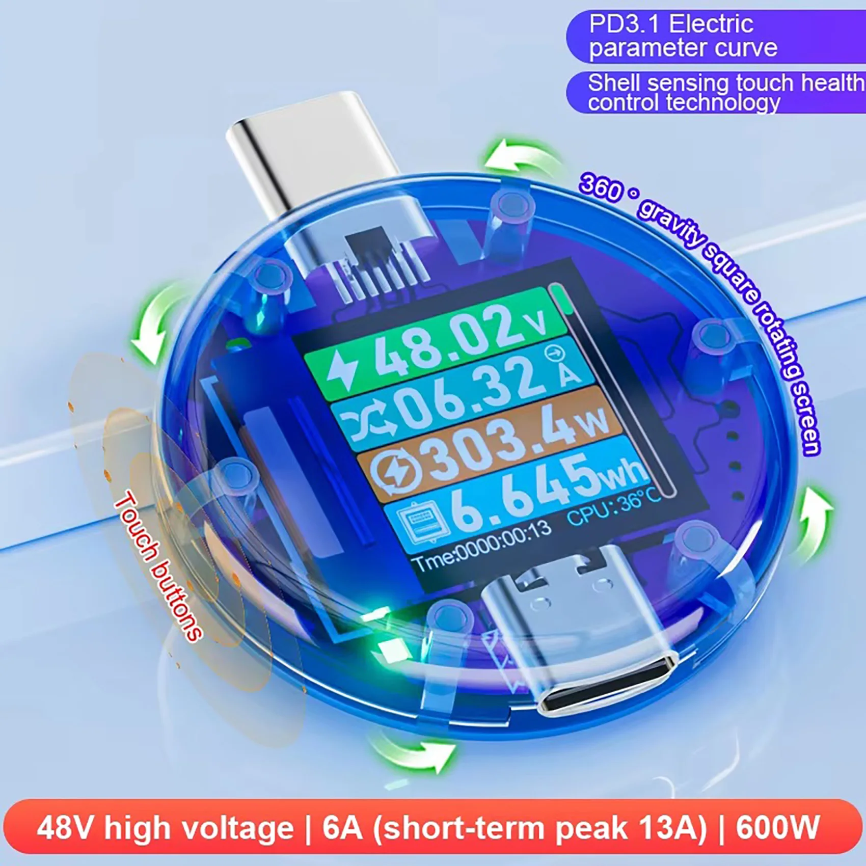 12A 48V Type-C Tester PD Charger Detection USB C Tester DC Digital Voltage Current Power Bank Capacity Amper Detector