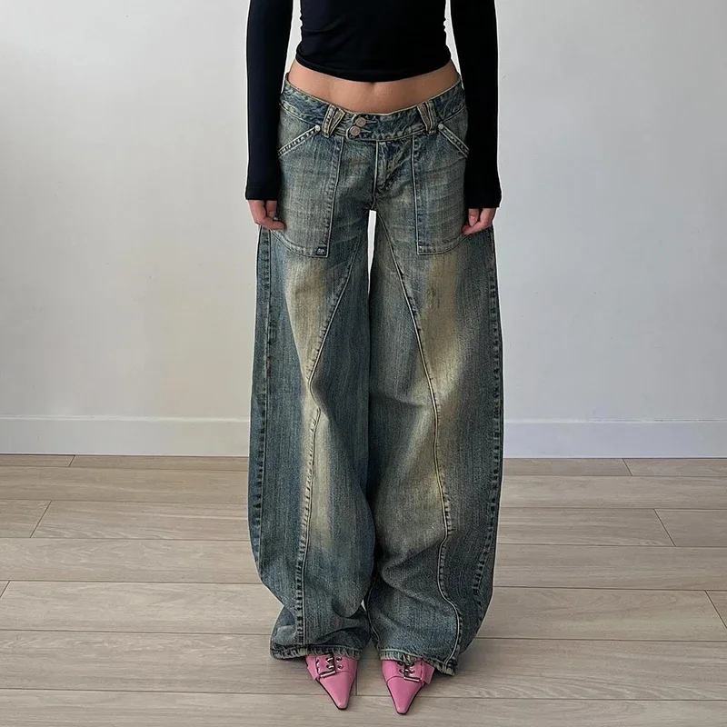 Grunge 2000s Low Rise Loose Denim Pants Vintage Street Style Oversized Jeans y2k Aesthetic Korean Fashion Mom Jeans Lady