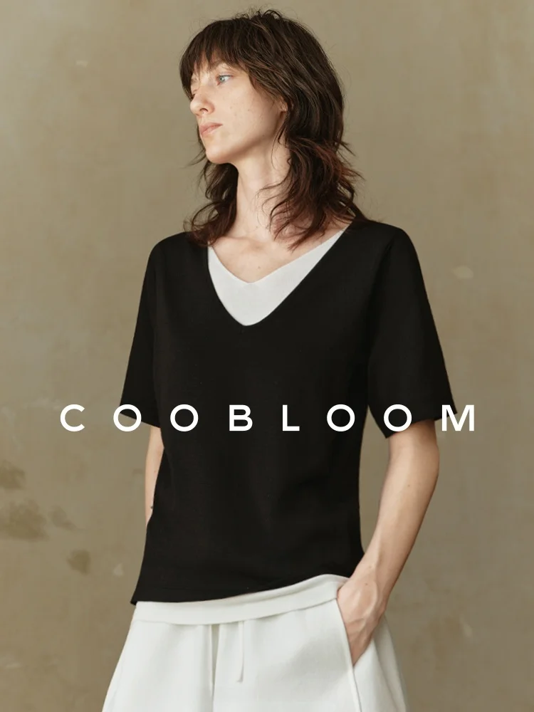 

COOBLOOM Bla White Color Blo ort Sve Knitted Top V Ne T irt Loose Fit Casual Sle Women's Faion Autumn New Ar...