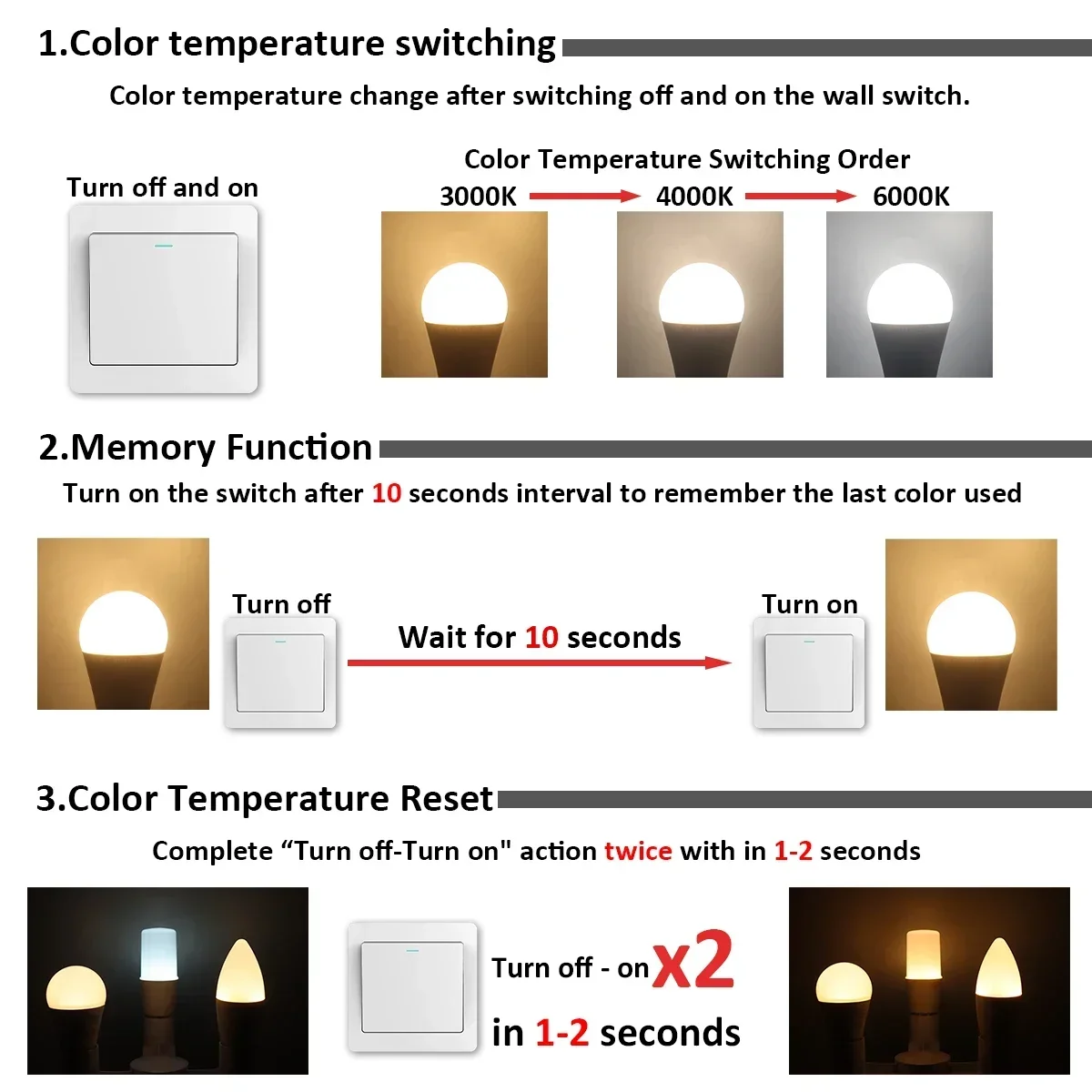 2pcs NO Flicker GU10 GU5.3 3 Color Temperature CCT E27 B22 Base Bulb AC110V 220V Memory Function Color Temp Reset Light for Home