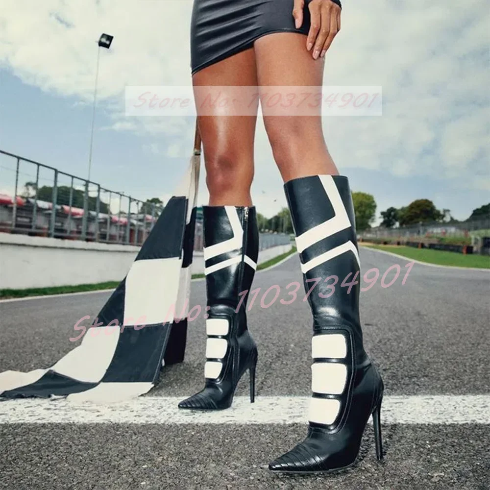 

Mixed Colors Black White Knee Length Boots Women Party Pointy Toe Zipper High Heels Shoes Ladies Nifty Trendy Big Size Boots