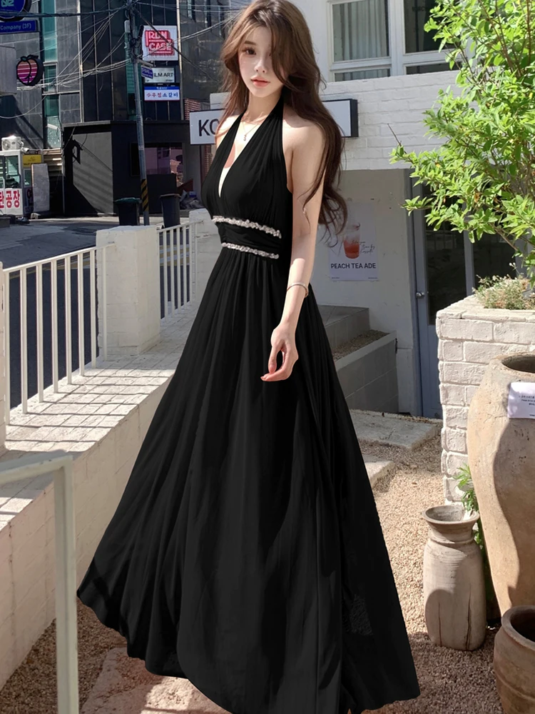 Damska Różowa Elegancka Sukienka Maxi z Cekinami, Luksusowa, Seksowna, Letnia, Elegancka, Codzienna, Koreańska Sukienka Wieczorowa w Stylu Vintage na Ramiączkach, 2025