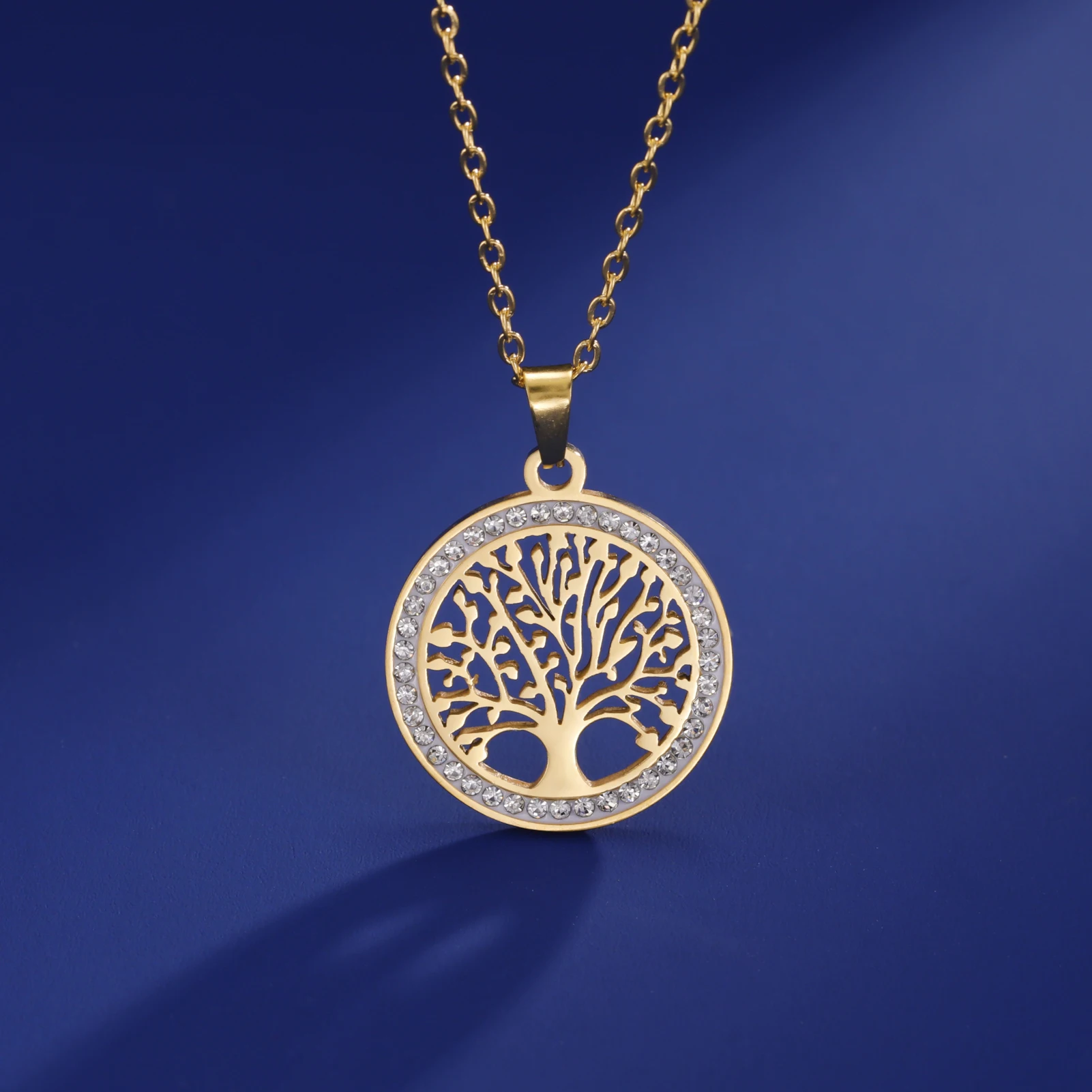 LIKGREAT Tree of Life Stainless Steel Necklace for Women New Fashion Clear Zircon Round Pendant Necklaces Jewelry Wedding Gift