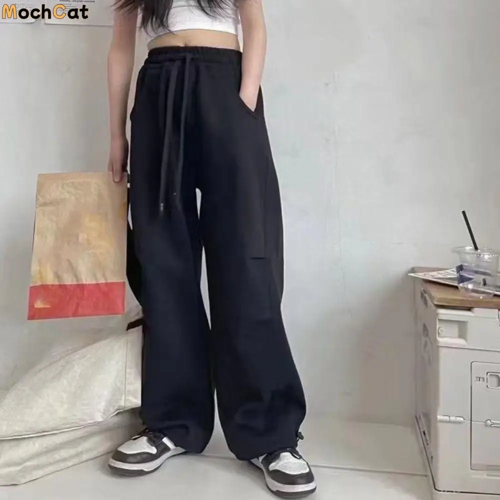 أزياء مطوي السراويل البضائع الفضفاضة ركض الرباط السراويل واسعة الساق السراويل عالية الخصر السراويل الرجعية فتاة الطلاب #1