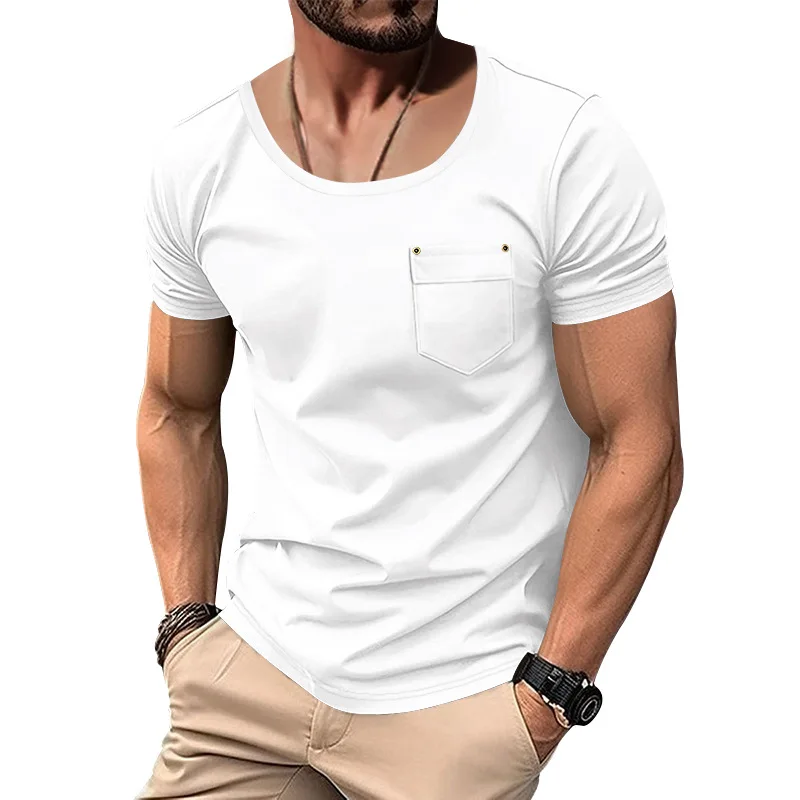 Summer New Men's T-shirt V-neck Sticker Pocket Solid Color Large Size Thin Men's Short Sleeves Men's