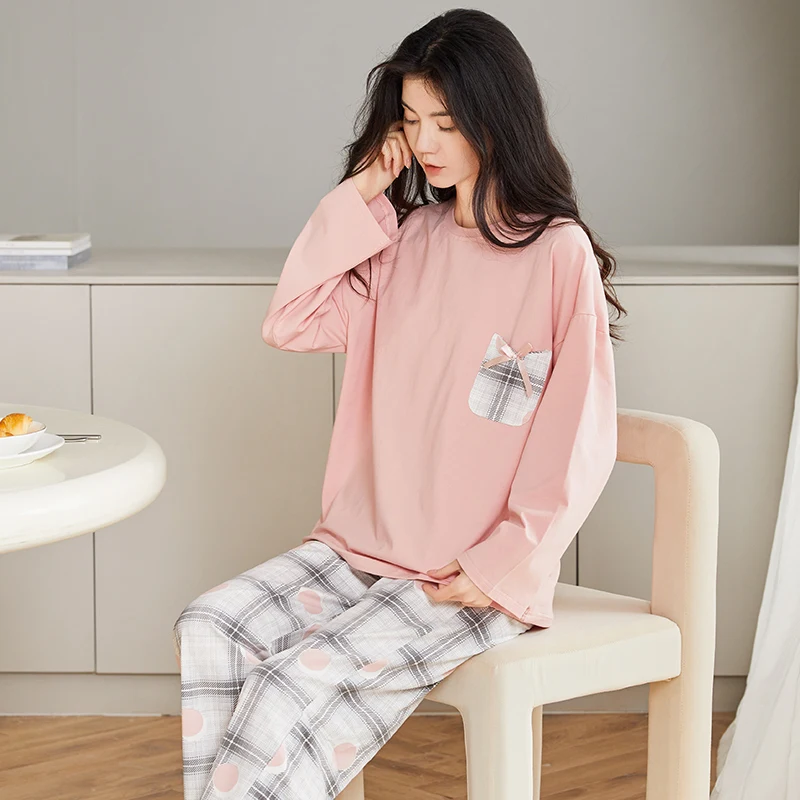 High Quality Spring And Autumn 100% Cotton Pyjamas Women Long Sleeve Casual Pajamas Set
