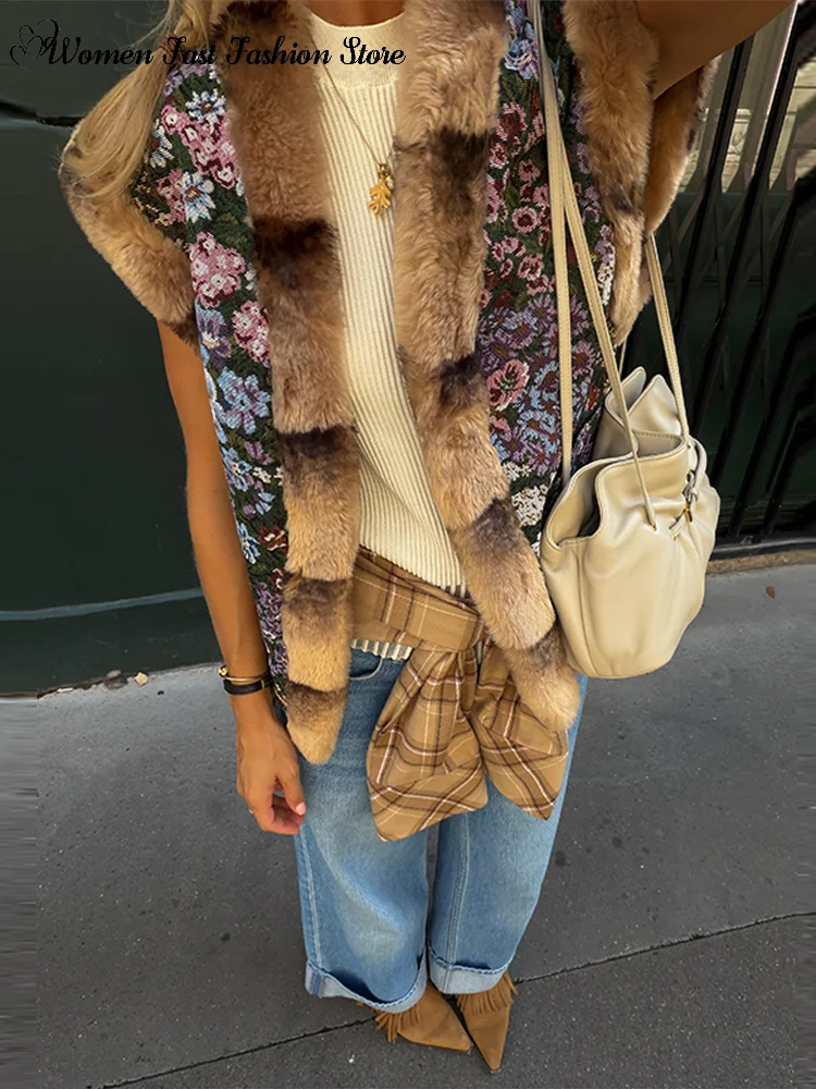 Floral Print Faux Fur Collar Vest Women's Vintage V-neck Sleeveless Plush Waistcoat 2026 Autumn New Female Street Outwear