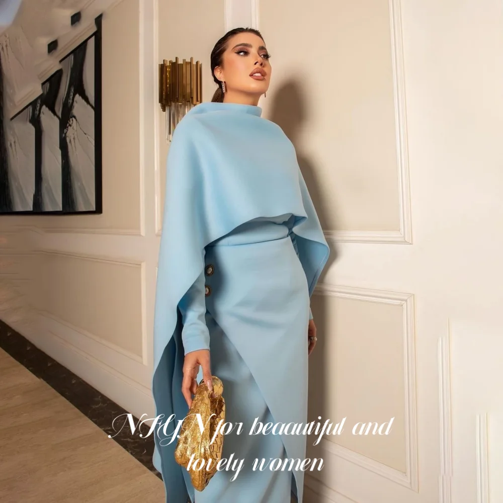 Nfyn azul elegante vestido de baile simples capa botões vestido de festa plissado sem costas tornozelo comprimento sereia vestidos de noite personalizados