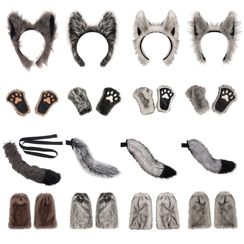 573B Fantasy Role Play Wolf Ear Headband And Paws Gloves Costume Accessory