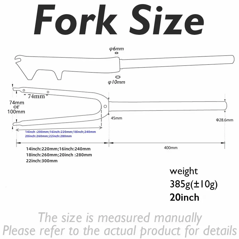 Fourche avant de vélo en fibre de carbone 3K pour BMX, pliable, Tube de direction de 14, 16, 18, 20, 22 pouces, 1 à 1/8 pouces, freins à disque et v-brake