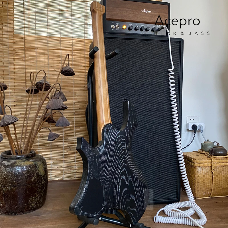 Acepro New Pro Headless Electric Guitar, Satin Black Ash Body, Jumbo Stainless Steel Oblique Frets, Reinforcement in the Neck