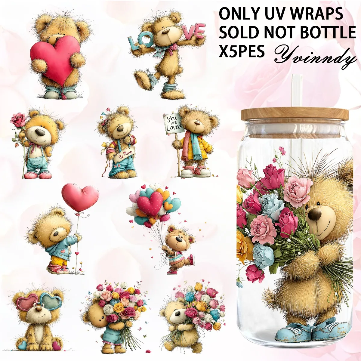 16 Oz Cup Wraps, 5 Sheets Valentine's Day Love Teddy Bear Patterns Random Designs UV DTF Transfer Paper Waterproof