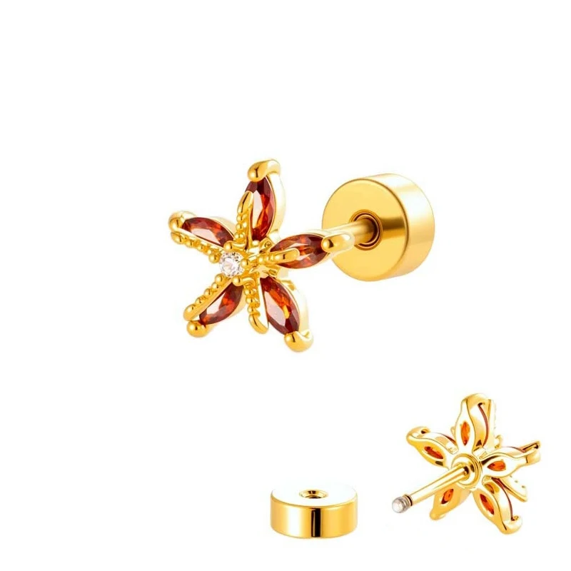 1 PCS Cute Copper Red Zircon Starfish Shape Stud Earring Women Trendy Gold Color Steel Helix Bar Ear Piercing Cuff Jewelry