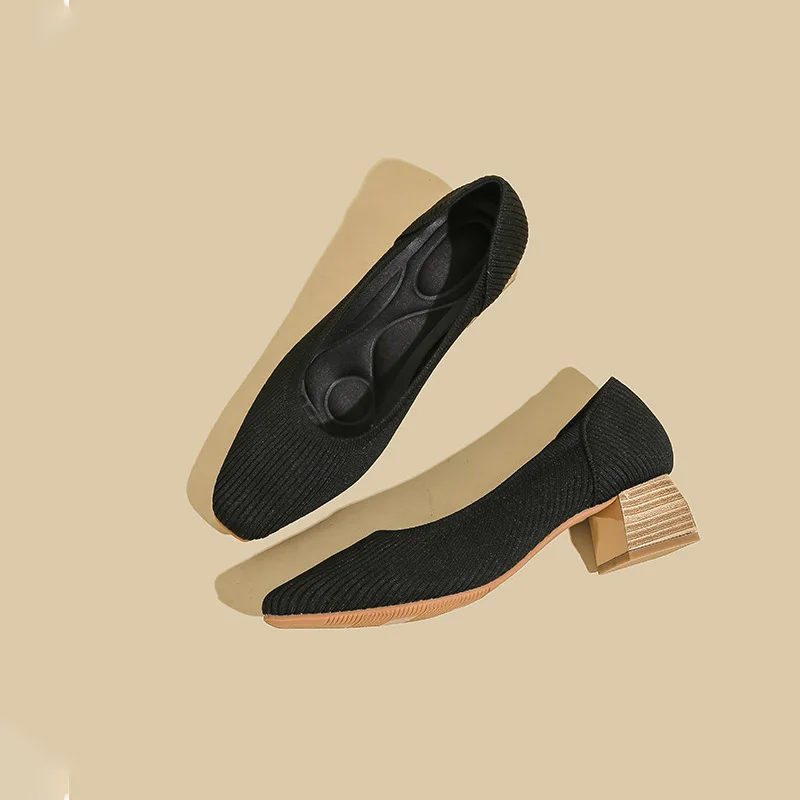 Women shoes Fashion High Heels Elastic Knitted Breathable Square Toe Latex Sweat-absorbing insole Non slip Rubber Sole New 2023