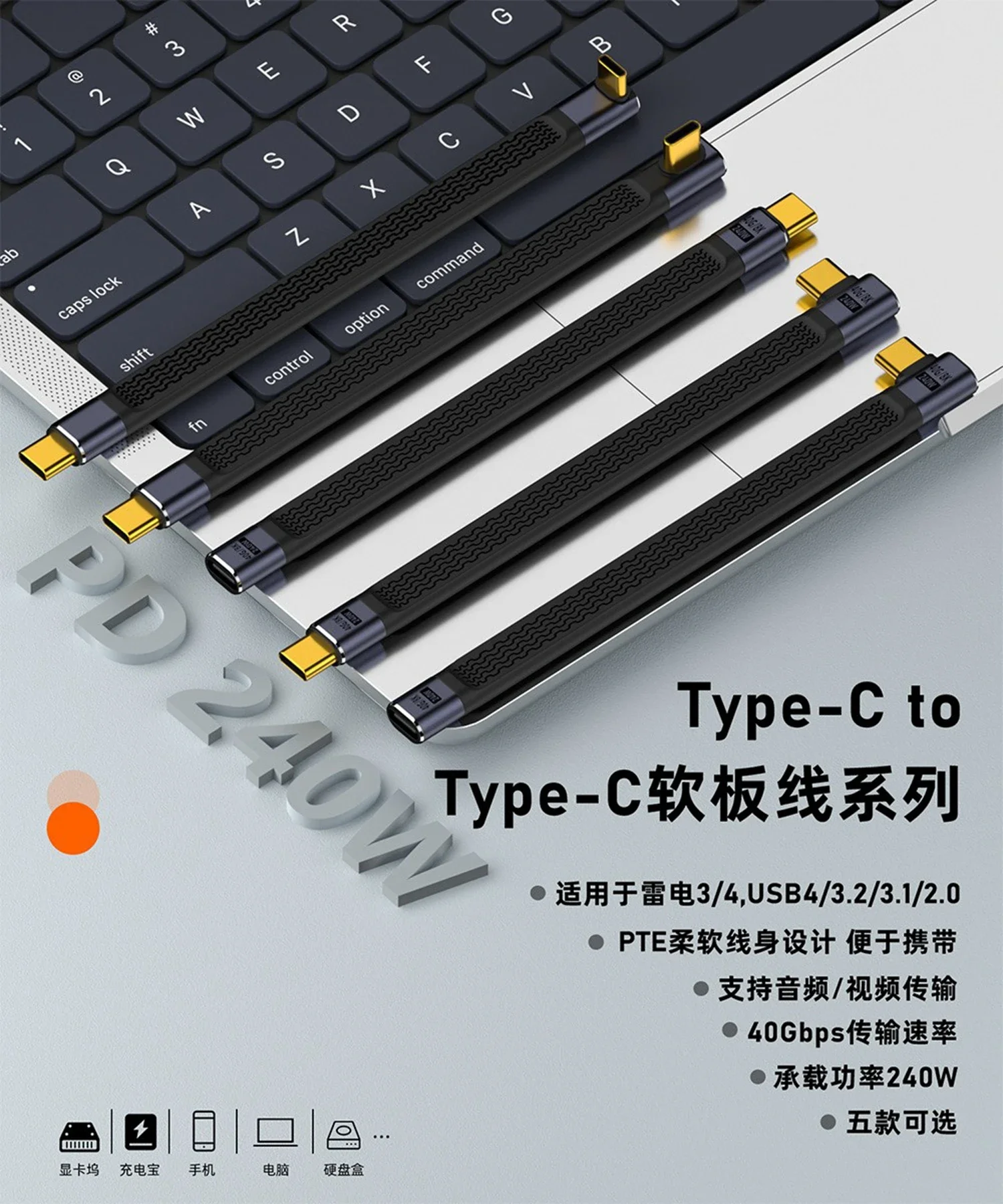 USB 4.0 Elbow  Gen3 40Gbps FPC Cable PD 240W 5A Quick Charge USB C to Type C Cable Thunderbolt 3 8K @ 60Hz USB C Data Cable