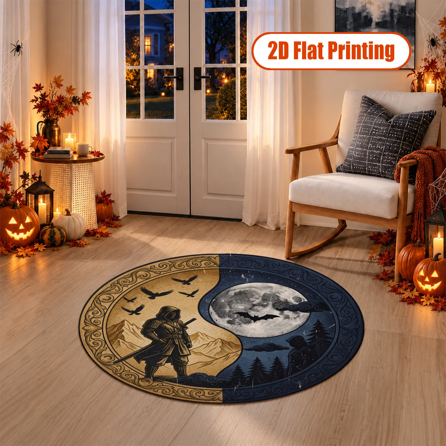 Yin Yang Ninja Moon Bat Pattern Round Velvet Rug, Machine Washable Soft Plush Decorative Floor Mat for Living Room, Bedroom, Entryway, Dining Room, Ideal for Halloween, Thanksgiving, Christmas, New Year, Black Friday, Cyber Monday