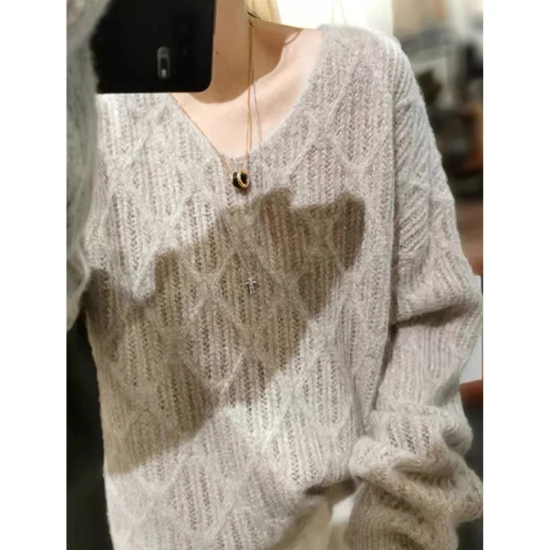 Rhomboid round neck cashmere sweater female autumn winter languid lazy show thin knit wool base sweater large size loose sweater