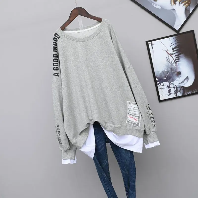 Loose Women\'s Sweatshirts Black Spring and Autumn Female Top Baggy Long Splicing Pullovers Designer Kpop Outerwears Nice Color E