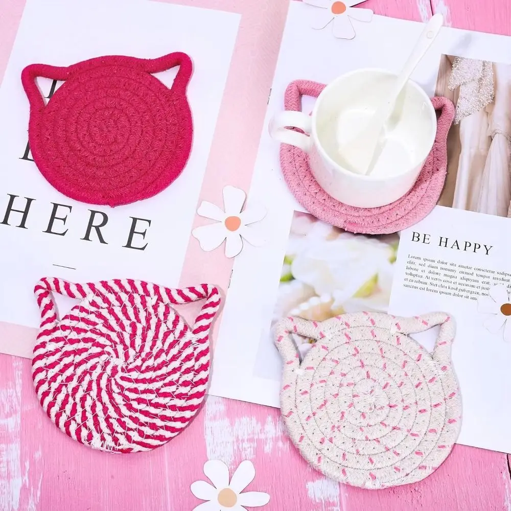 4/8 Pcs Woven Cat Ear Coasters Non-Slip Base with Storage rack Cotton Drink Coasters Cute High-Temperature Resistant