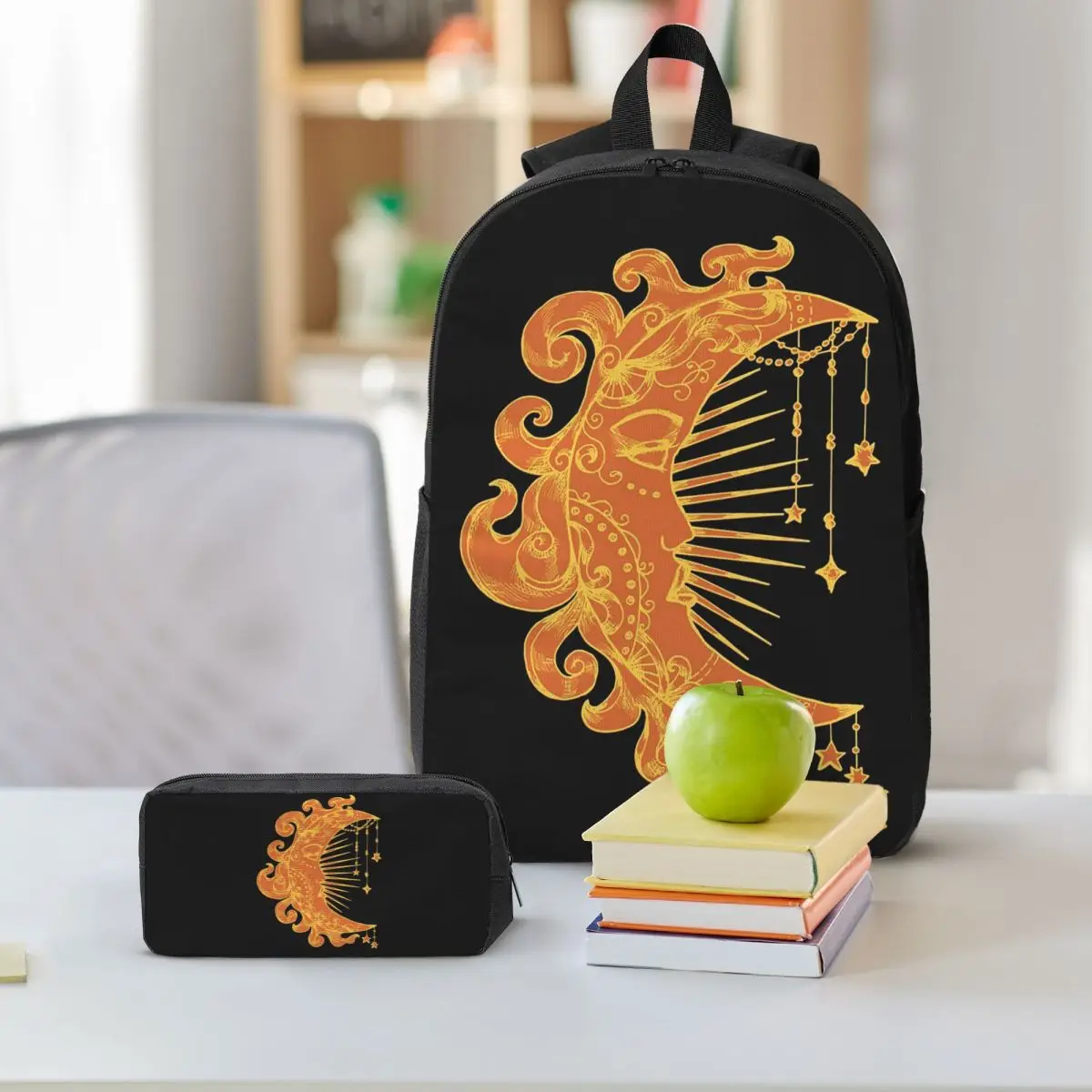 Witchy Mystic Moon Face Stars Sun Backpack Boys Girls BookBag School Bag Shoulder Bags 3ps Insulated Lunch Bag Pencil Case