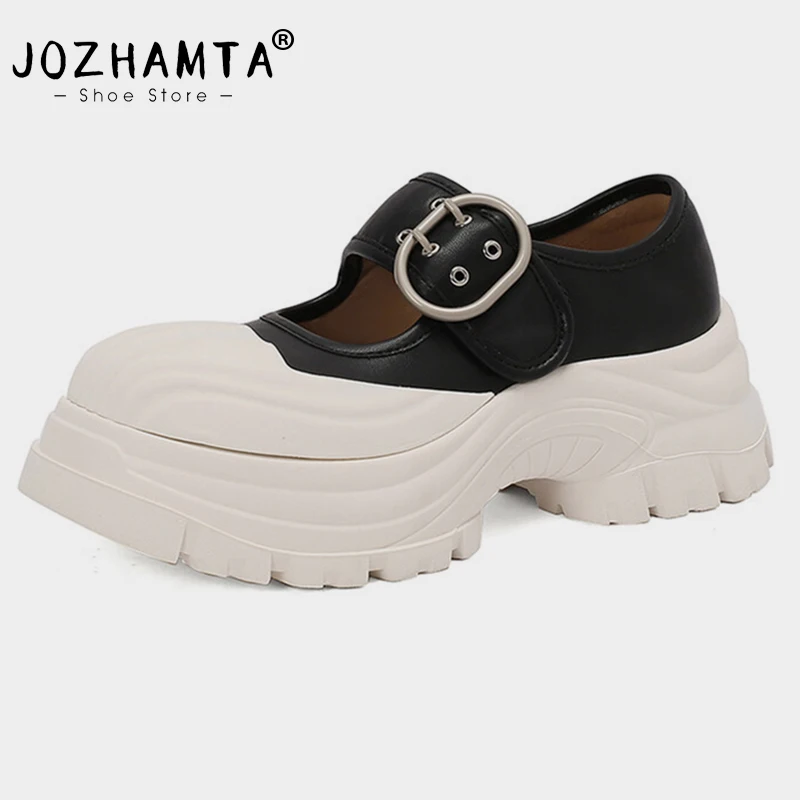 JOZHAMTA Size 35-40 Ins Fashion Women Platform Pumps Real Leather Thick High Heels Shoes Buckle Strap Casual Daily Jk Dressy