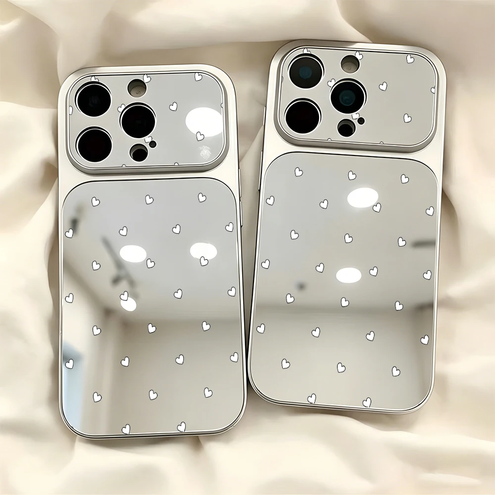 Minimal Tiny White Heart Mirror Large Window Lens Protect Phone Case for IPhone 17 16 15 14 13 12 11 Pro Max Air 15 Plus Cover
