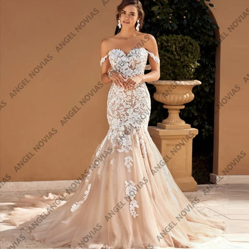 Angel Novias Champagne Wedding Dress Off Shoulder Lace Bridal Dresses Customized Wedding Party Gown vestidos de novi