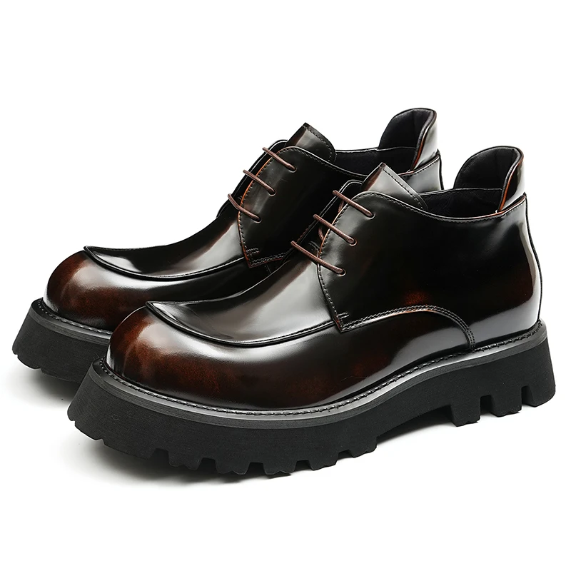 

Leather Men's Boots Winter Patent Leather Glossy Boots Thick Sole Business Casual Shoes Genuine Leather Mens' Shoes