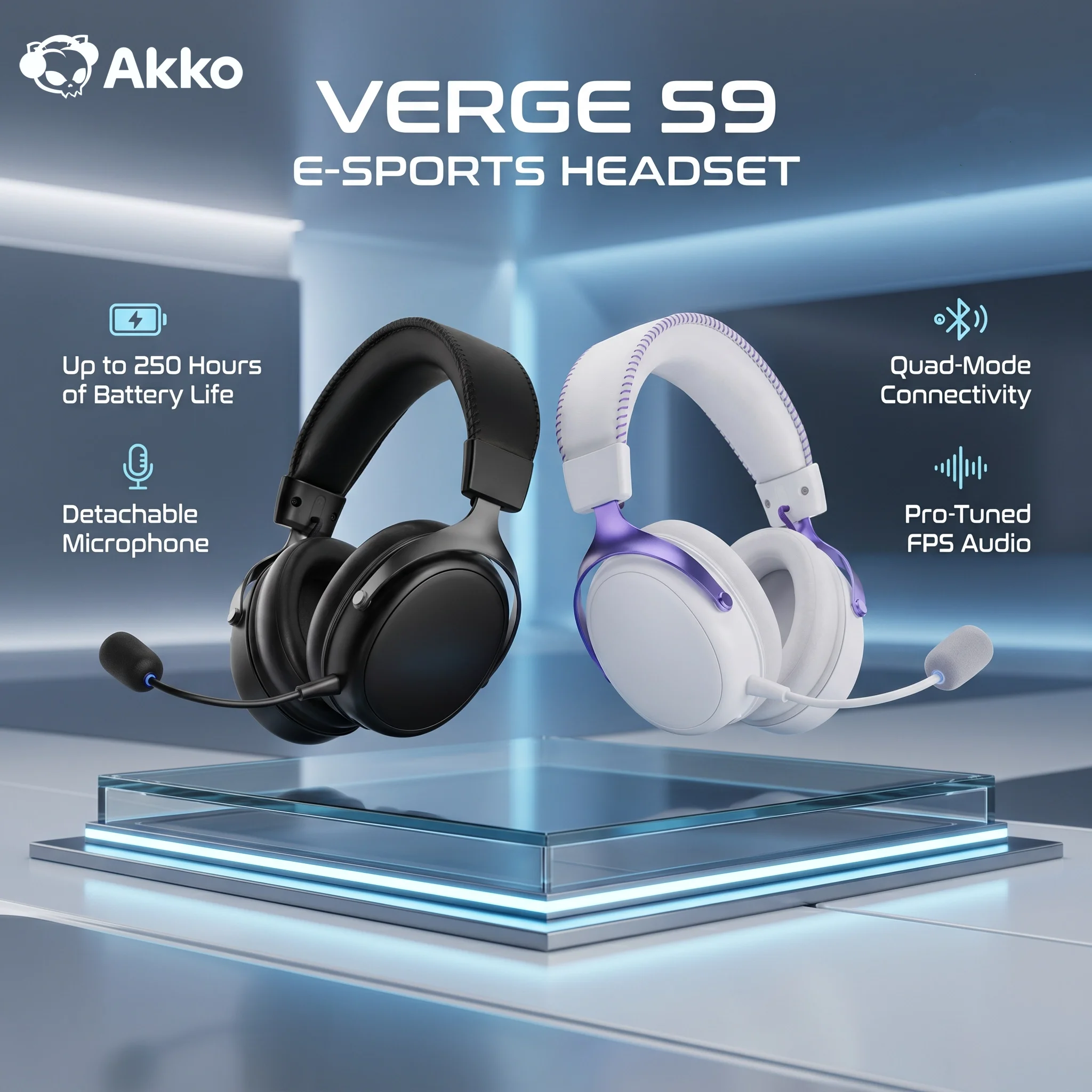 AKKO Verge S9 Ultra Draadloze Gaming Headset BT/2.4G/Bekabeld 53mm Driver Lage Latentie FPS Hoofdtelefoon voor PC PS5 Switch Xbox 2000mAh