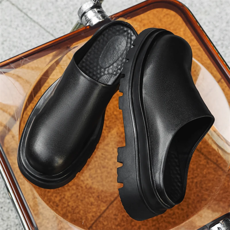 Men Thick-soled Half-slipper Black Color No Heel Front-padded Slip Shoes Men Casual Outerwear Style Slipper Size 38-44